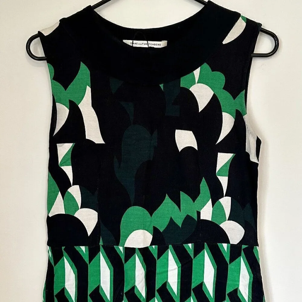 Diane von Furstenberg Sleeveless Geometric Black Green Sheath Dress - S/M